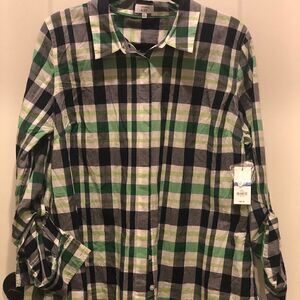 Crown & Ivy Women's XL Blue,Green,White Plaid Button Collared Long Sleeve Blouse